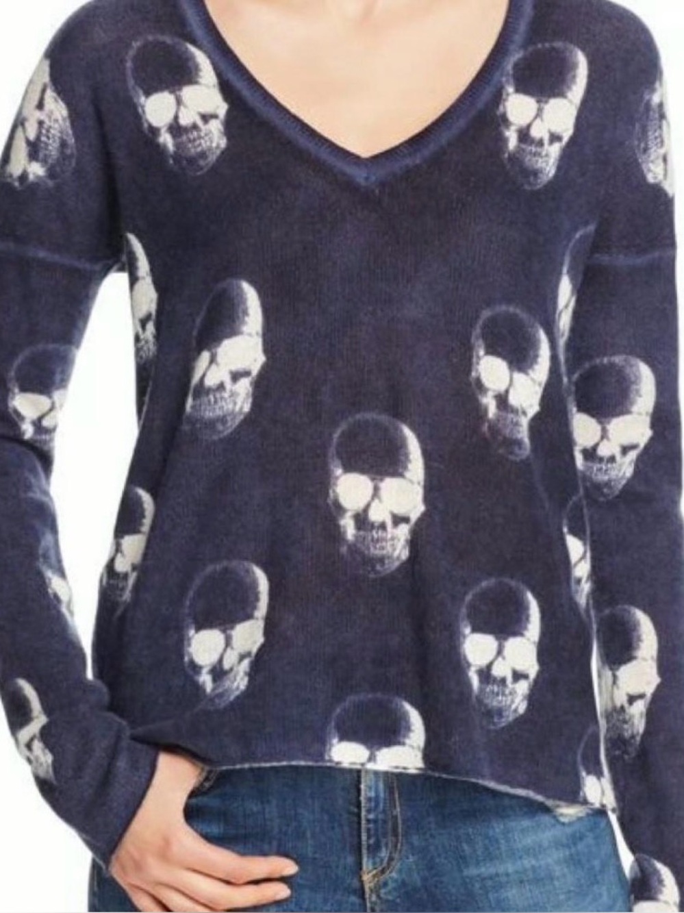 AQUA Cashmere Blue V-Neck Sweater Skulls Women's Size S